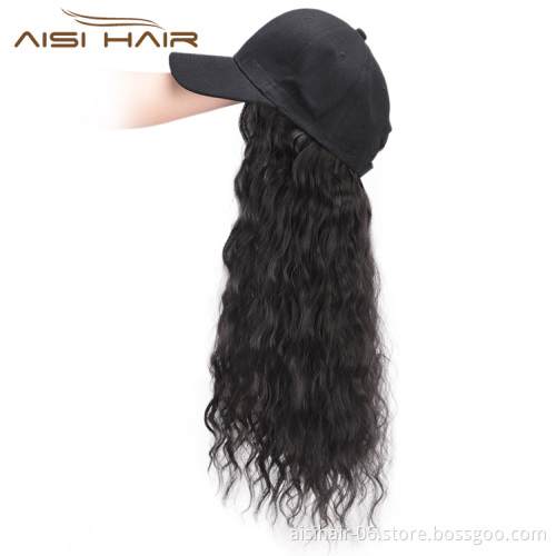 Aisi Hair Baseball Hat with Water Wave Hair Extensions Black Hat with Long Synthetic Hair Extensions for Girls Easy to Wear